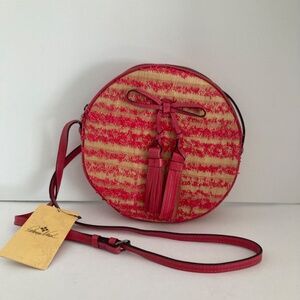 Patricia Nash Ebbe Crossbody Round Purse Handbag Straw w/Leather Bow Top Zip NWT